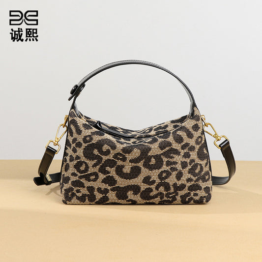 跨境豹纹秋冬新款手拎饭盒包复古大容量单肩斜挎包高级感休闲女包