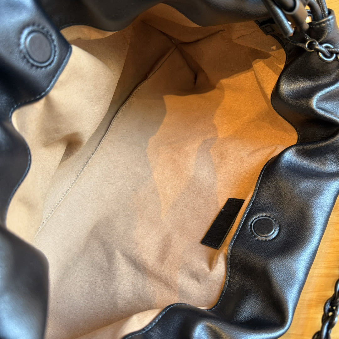 真皮云朵包2024新款时尚单肩包链条牛皮抽带包包斜挎包软皮手拿包