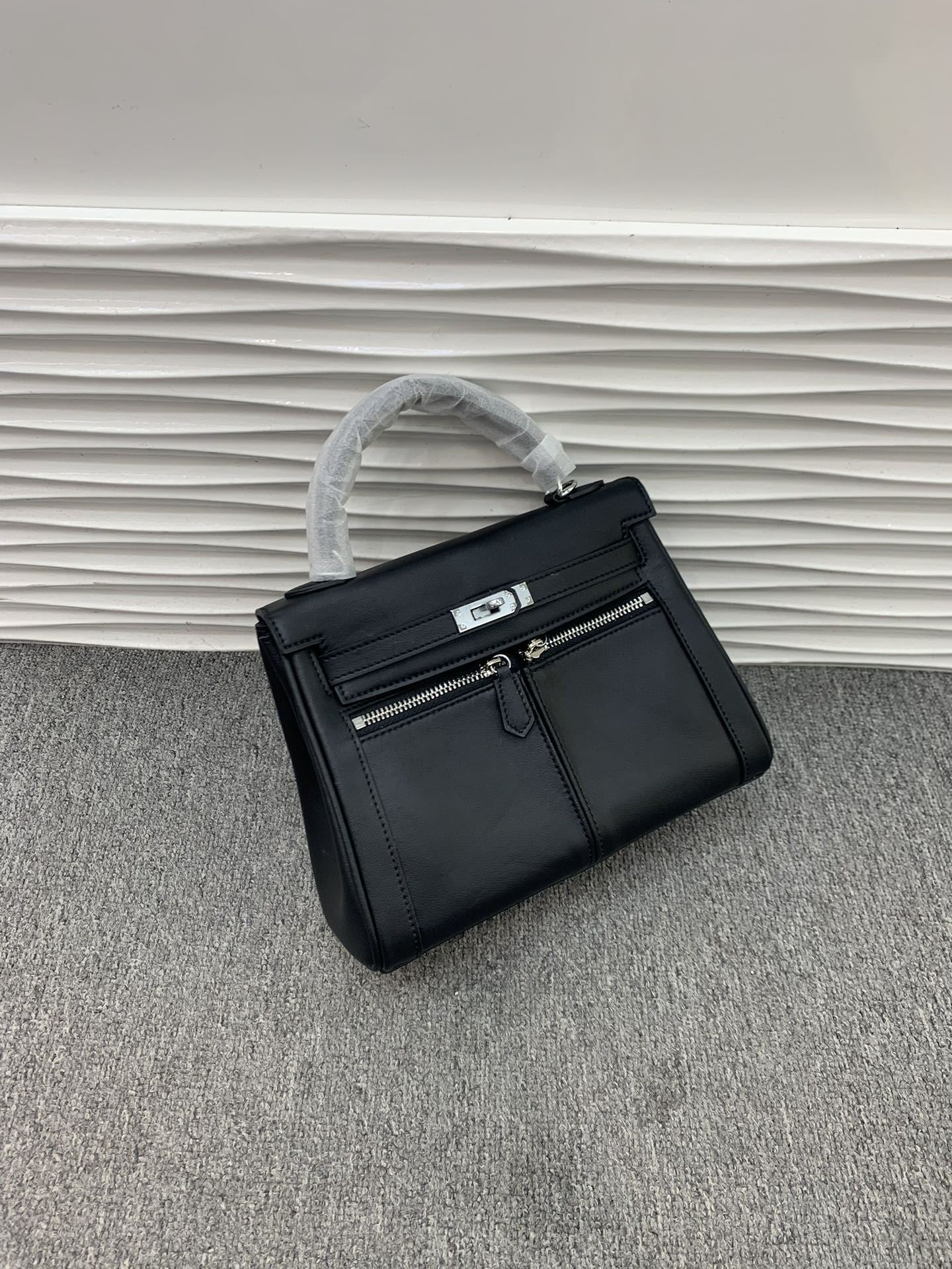 真皮复古双口袋凯莉包包女高级感大容量手提包百搭通勤单肩斜挎包