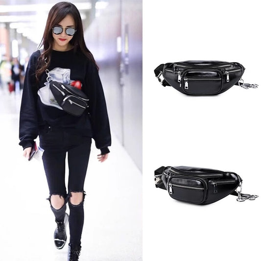 腰包女潮ins桑稚赵露思同款羊皮女胸包真皮百搭单肩斜挎链条小包