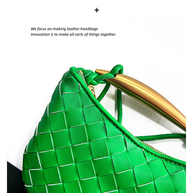 拉链款编织包包2023新款牛皮金属手柄月牙包单肩斜挎手提包时尚