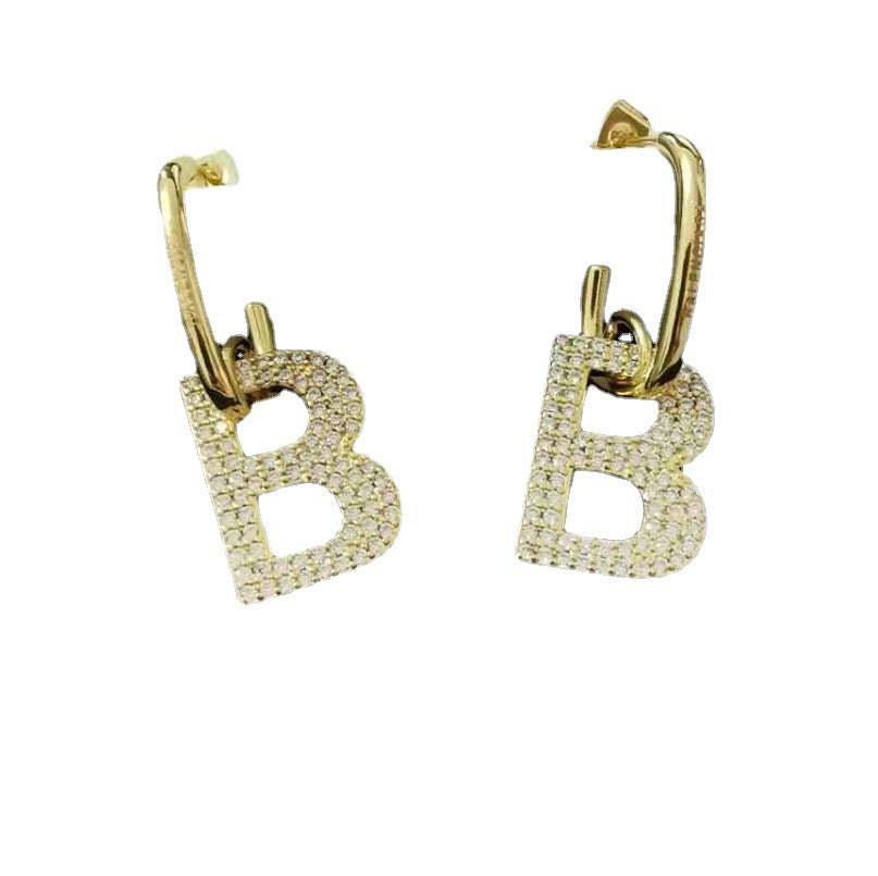 BV新款耳环微镶满钻欧美ins简约冷淡风网红个性耳饰女B字母耳钉