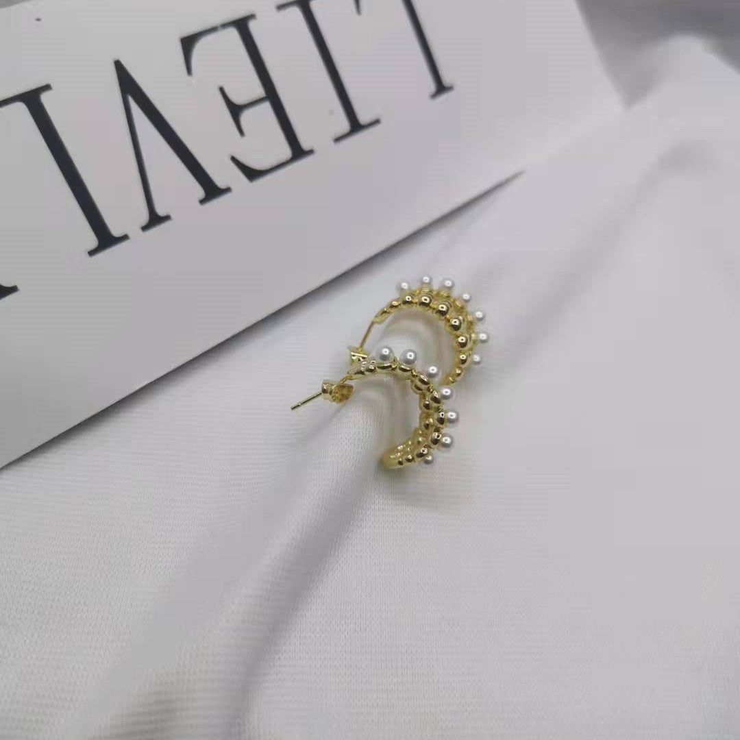 赛家21新款珍珠C形几何形耳钉女高级感气质设计感甜美三层耳环