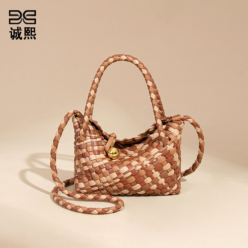 外贸新款彩色手工编织包小众菜篮手提女包休闲百搭子母单肩斜跨包