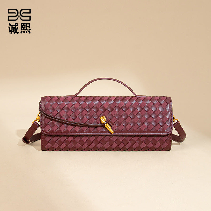 个性时尚双拼编织晚宴包时尚横版手拿法棍包休闲百搭单肩斜挎女包