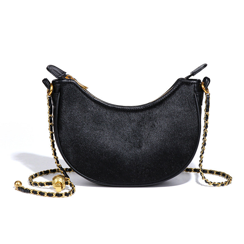 新潮时尚豹纹饺子包真皮马毛新月包质感小众斜挎月牙包复古单肩包