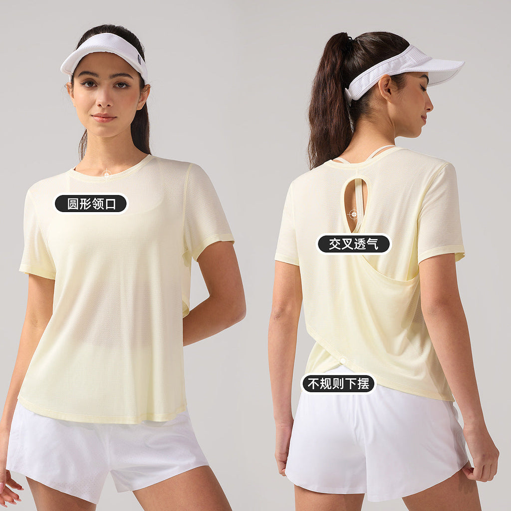 夏季凉感短袖女透气美背瑜伽服圆领上衣速干跑步T恤镂空运动罩衫
