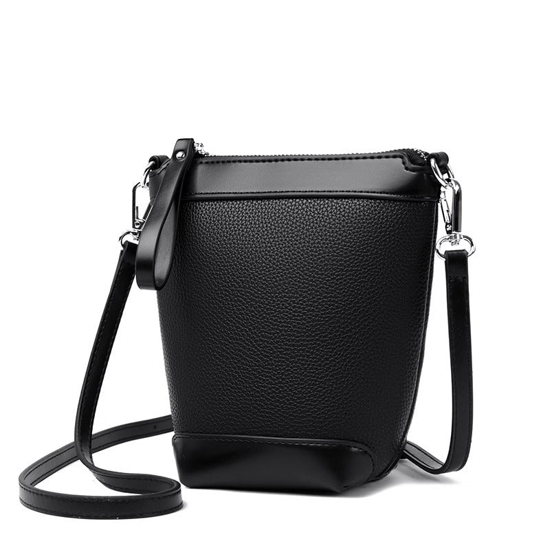 牛皮帆布拼接mini水桶包包女2023夏季单肩斜跨包韩版休闲手机包潮