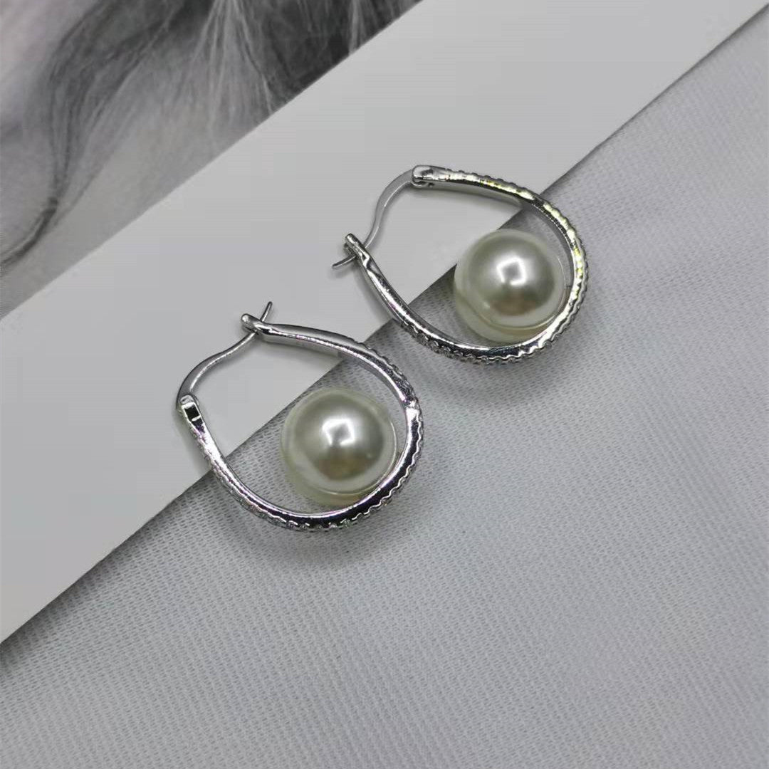 赛家21新款珍珠U形满钻耳环女高级感气质黑色珠几何椭圆形耳扣