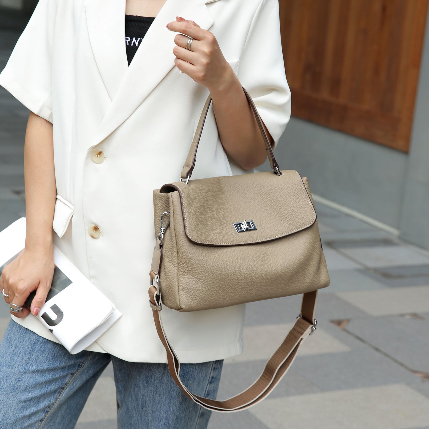 头层togo牛皮手提包通勤百搭单肩包女包时尚小众配双肩带无痕代发