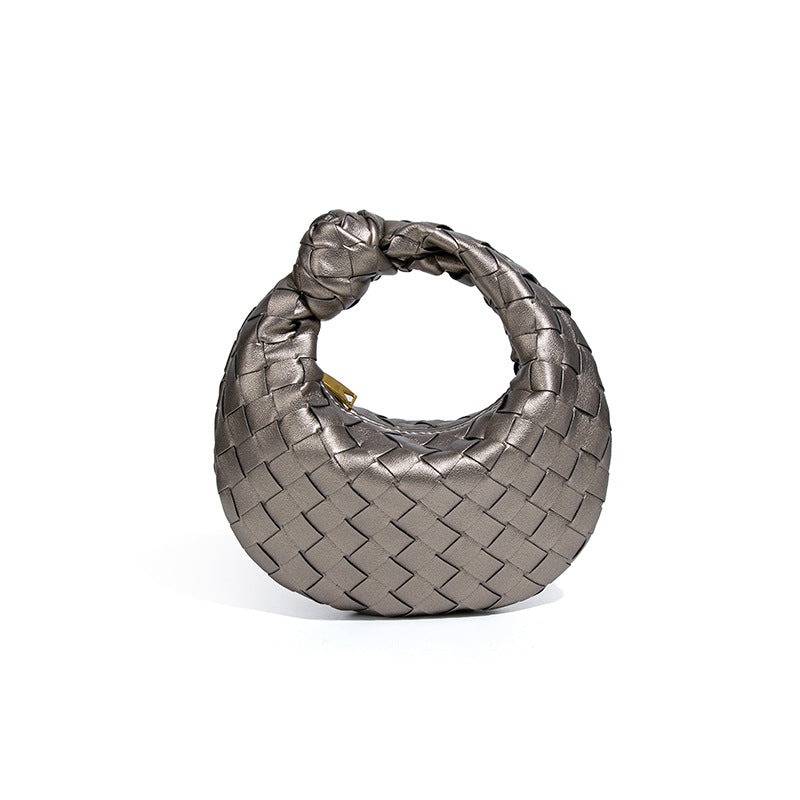 外贸新品时尚手拎饺子包打结手工编织女包百搭mini质感纯色牛角包