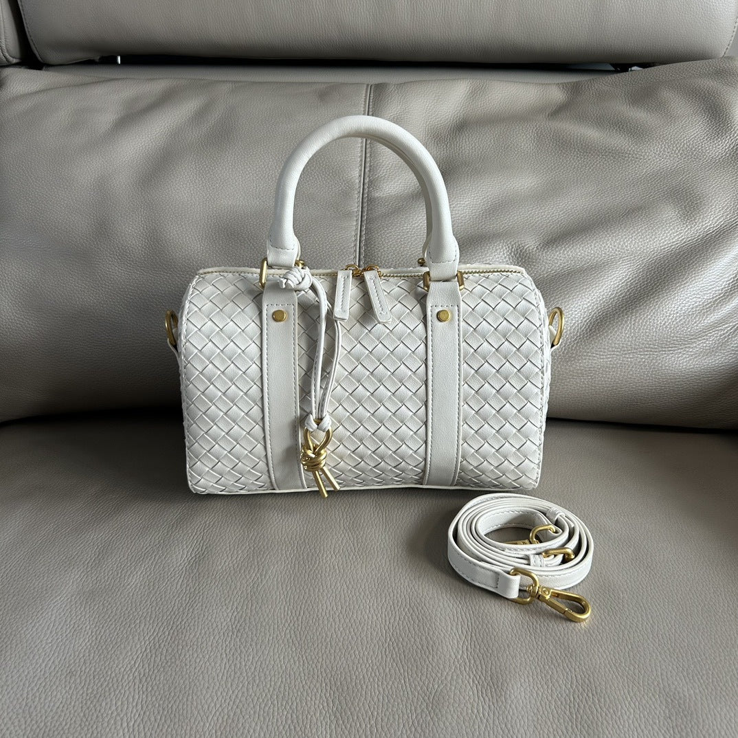 编织牛皮波士顿枕头包2024秋冬新款手工时尚通勤单肩斜挎包手提包