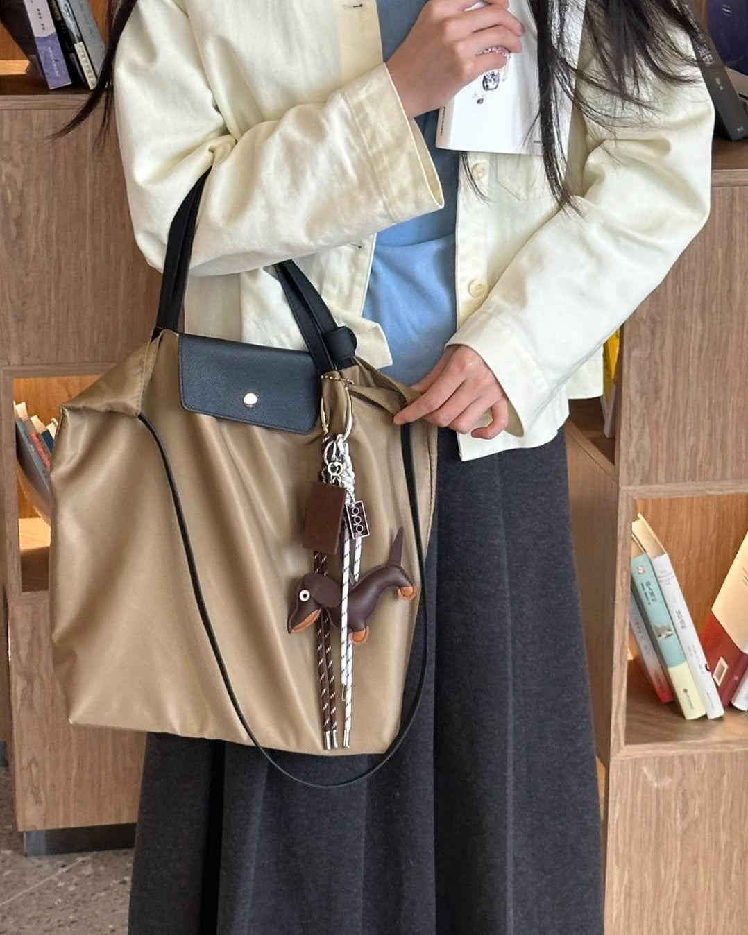 韩版简约大容量尼龙配真皮托特包手提包高级洋气百搭单肩斜跨包女