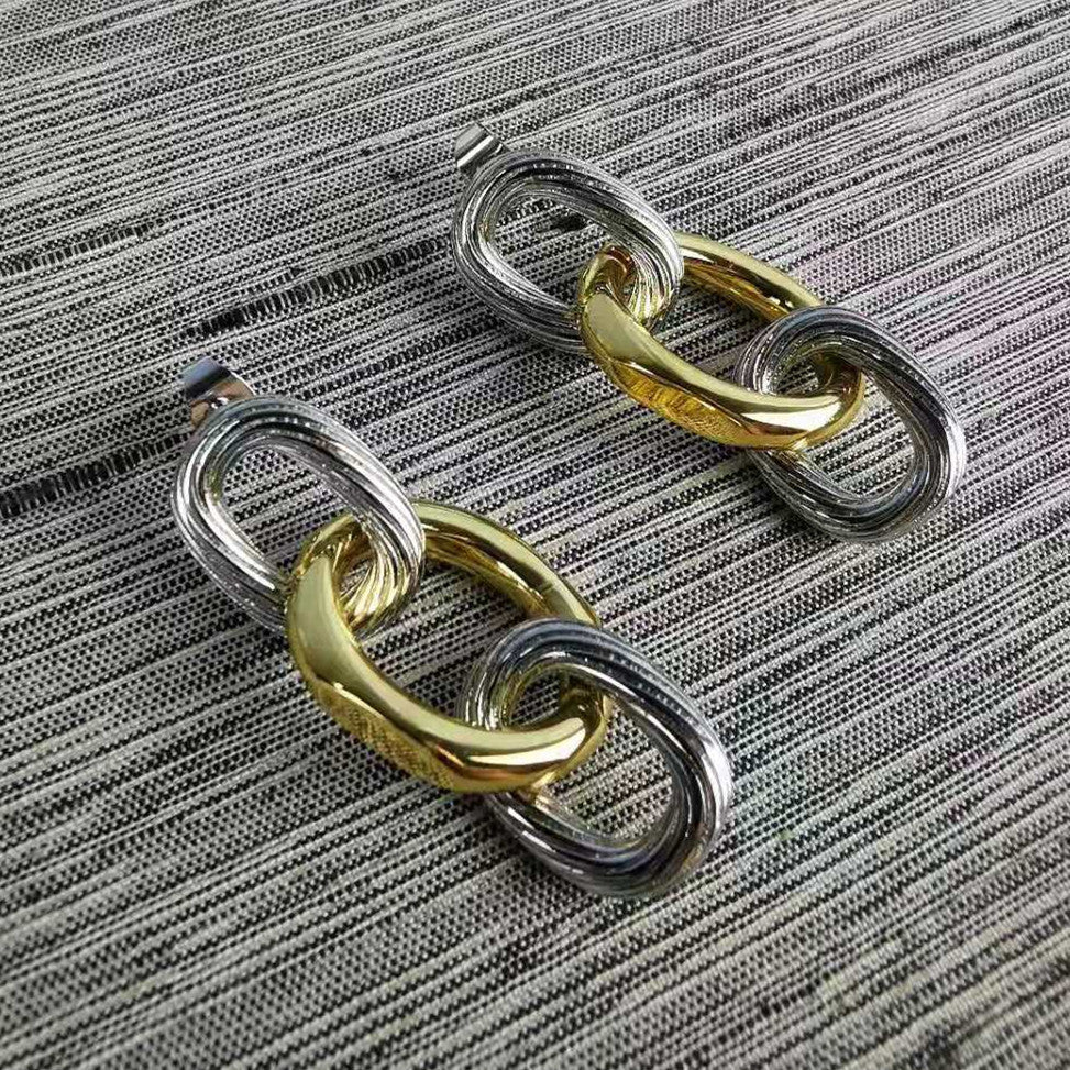 巴家新款链条耳环耳坠ins简约时尚复古拼色椭圆环三环扣耳钉女