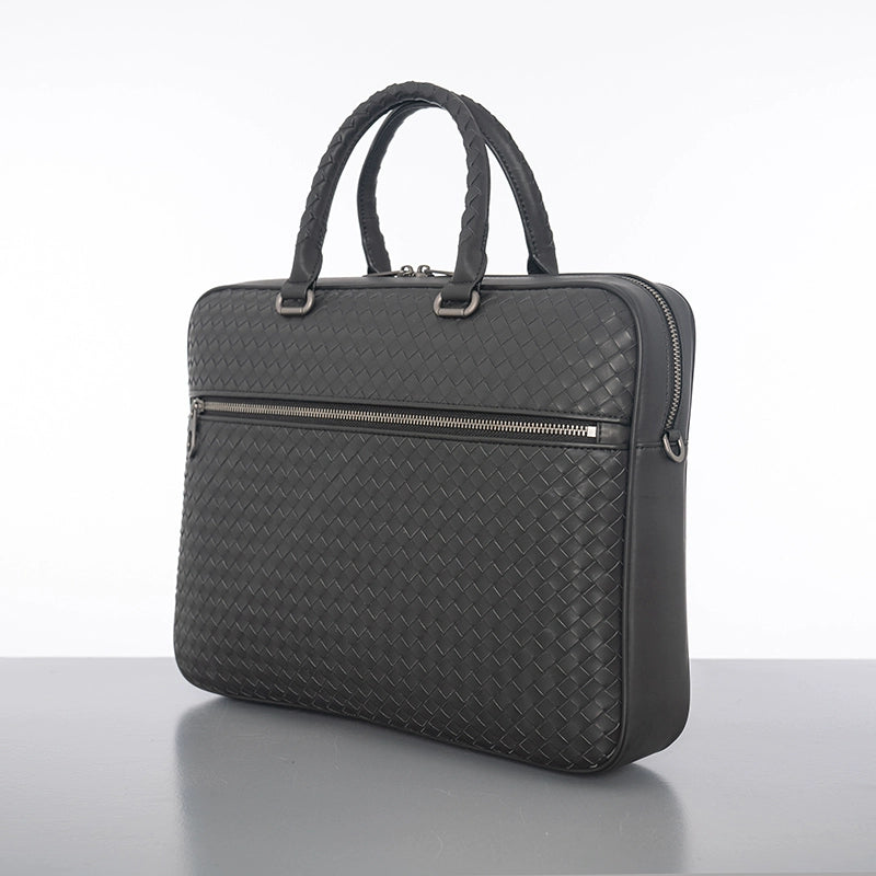 X&BV公文包男商务简约真皮手提包横款编织男士单肩斜挎包大容量潮