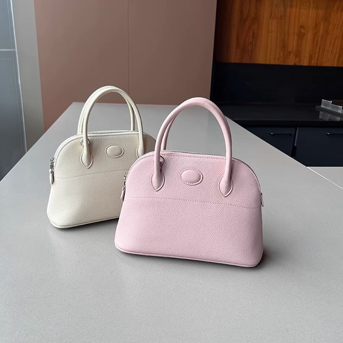 新款荔枝纹真皮贝壳包头层牛皮保龄球手提包拉链大容量通勤女包