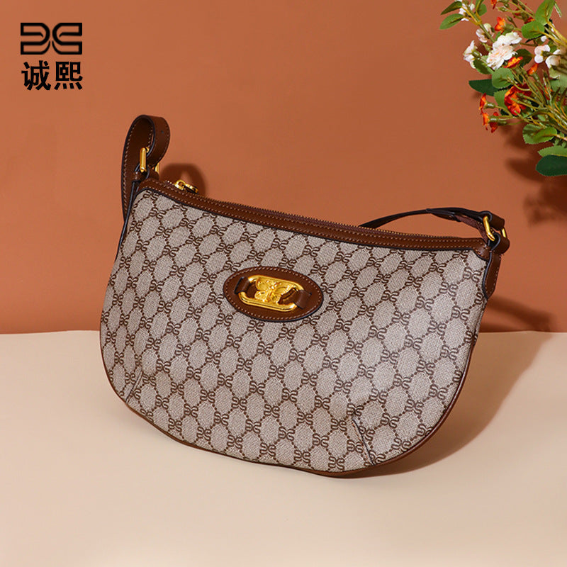 新款港风都市简约休闲百搭半月包复古高级感女士大容量单肩斜跨包