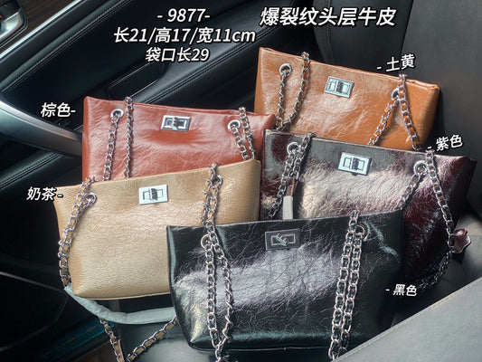 新款爆裂纹头层牛皮小香风链条女包杨树林流浪包单肩斜挎包女潮包