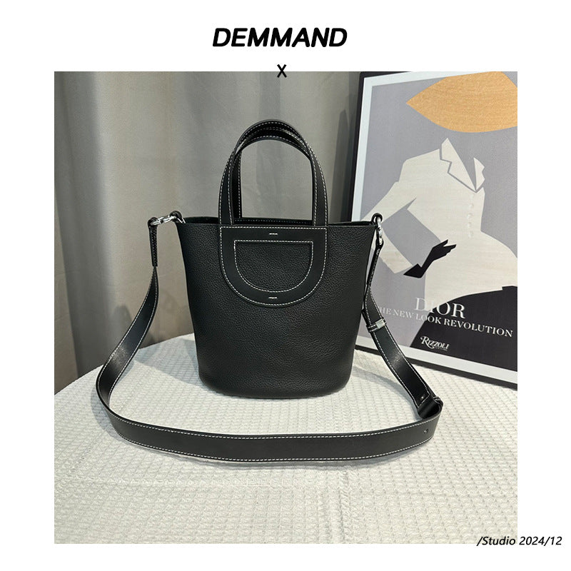 头层牛皮菜篮子手提包宽肩带包包女包高级简约百搭感单肩斜挎包