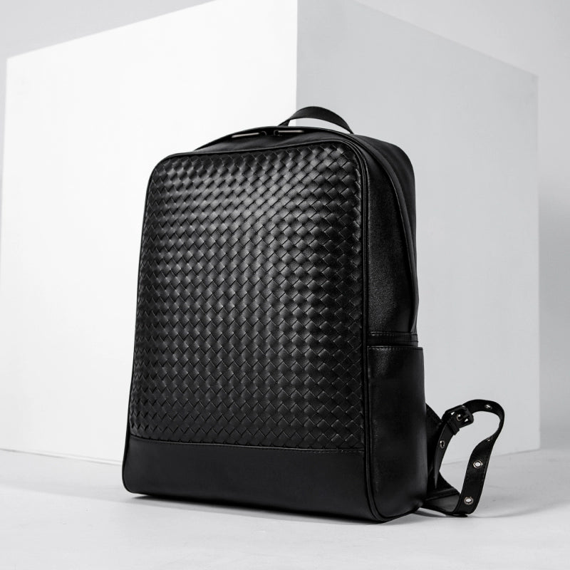 X&BV真皮双肩包男商务背包编织时尚学生书包电脑包男士出差旅行包