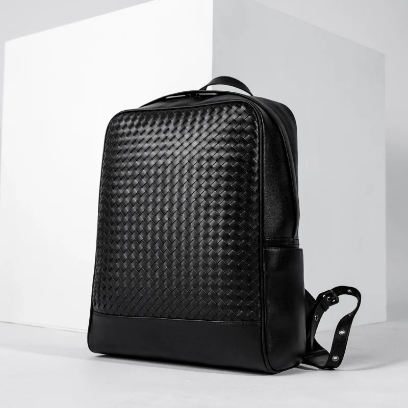 X&BV真皮双肩包男商务背包编织时尚学生书包电脑包男士出差旅行包
