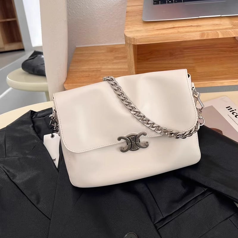 新款凯旋门软皮翻盖公文包单肩斜挎真皮子母包链条斜挎包无痕代发