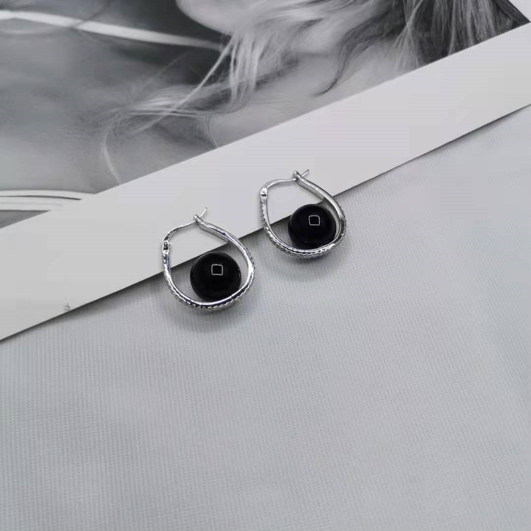 赛家21新款珍珠U形满钻耳环女高级感气质黑色珠几何椭圆形耳扣