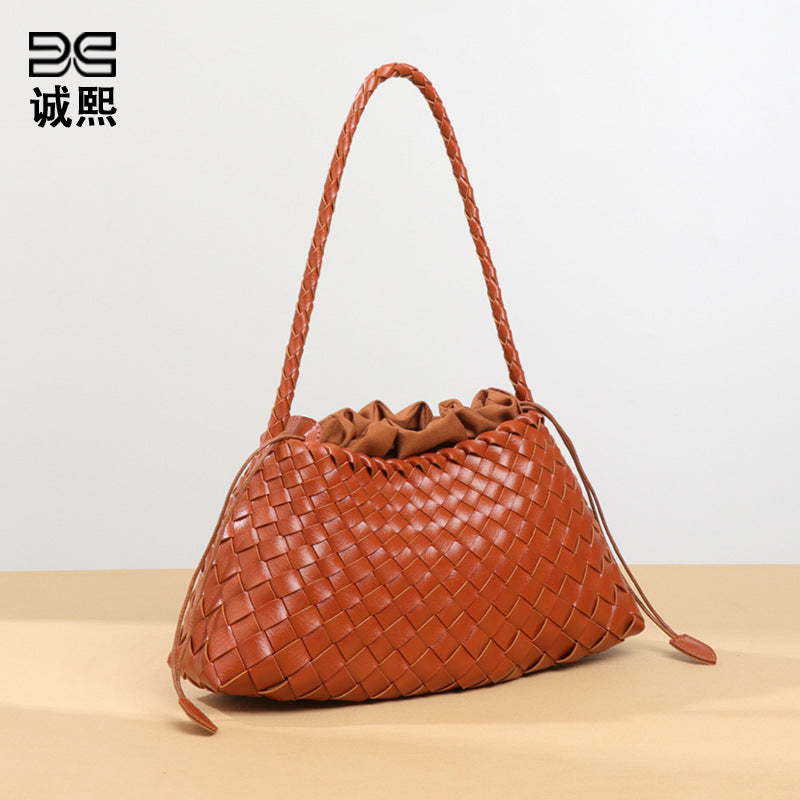 跨境热销纯色手工编织包包女高级感复古手提子母包时尚单肩腋下包