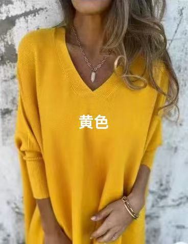 2024新款亚马逊独立站欧美秋冬季新款长袖针织V领宽松长款上衣女