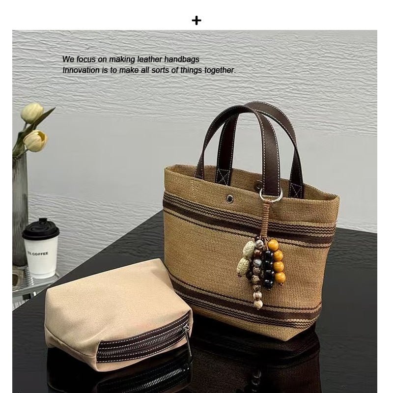 草编包日系网红款复古新款牛皮单肩包大容量托特包条纹手提斜挎包