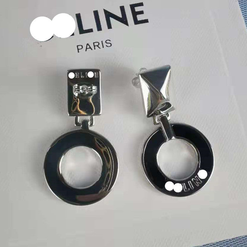 赛家新款celi风法式黑色滴胶圆饼长方形耳钉复古时尚耳环圆牌耳饰