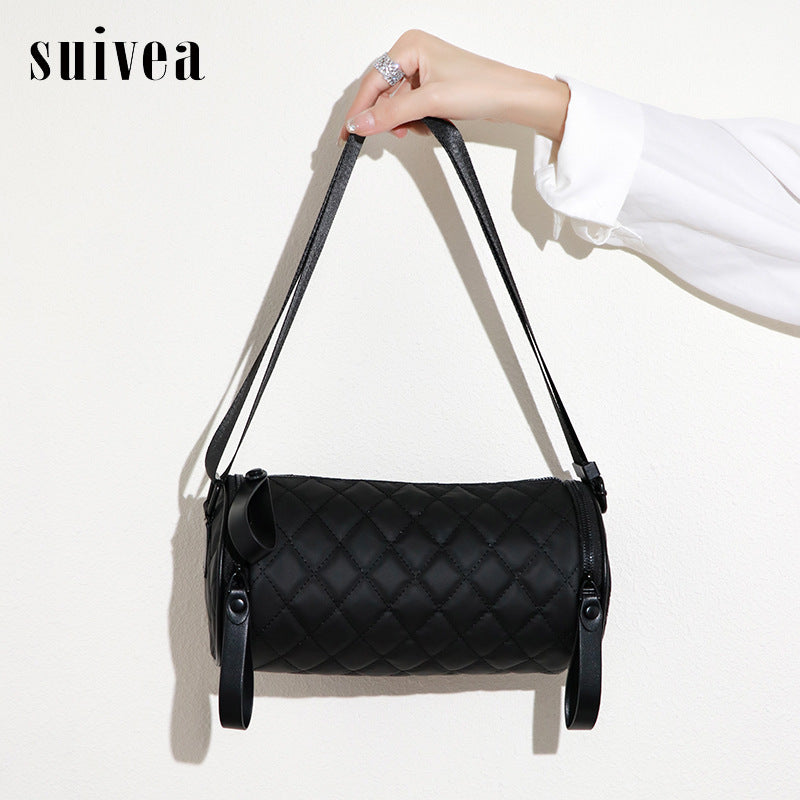 2025新款网红私人定制菱格休闲圆筒包时尚潮流百搭单肩斜跨女士包