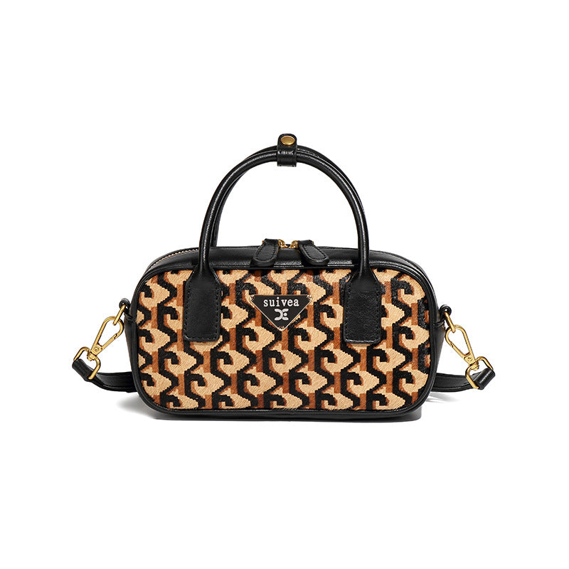 秋冬新款高级感豹纹手提包时尚百搭马毛包包质感通勤单肩斜挎女包