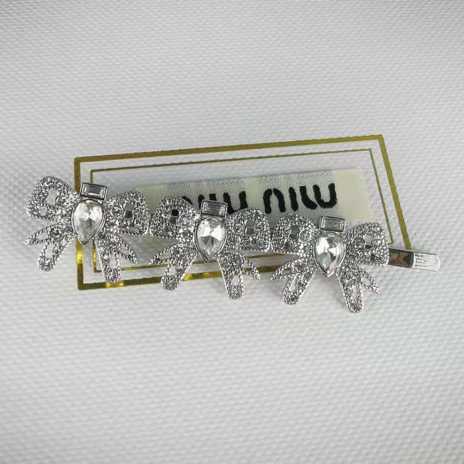 缪家新款水晶蝴蝶结发夹甜美气质可爱边夹超仙发饰一字镶钻头饰