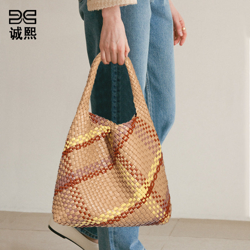 韩版女跨境单肩托特包通勤百搭腋下包大容量手拎包撞色时尚子母包