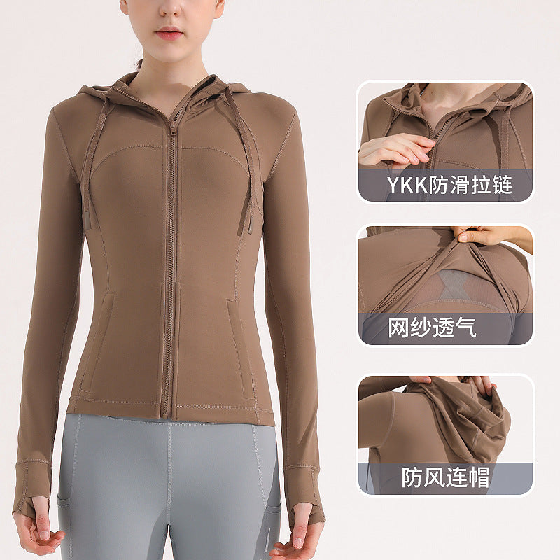 运动外套女上衣莱卡紧身高弹拉链跑步健身服透气连帽修身训练卫衣