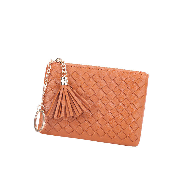 批发定制编织银币零钱包小巧轻便百搭卡包钥匙扣流苏拉链短款钱包