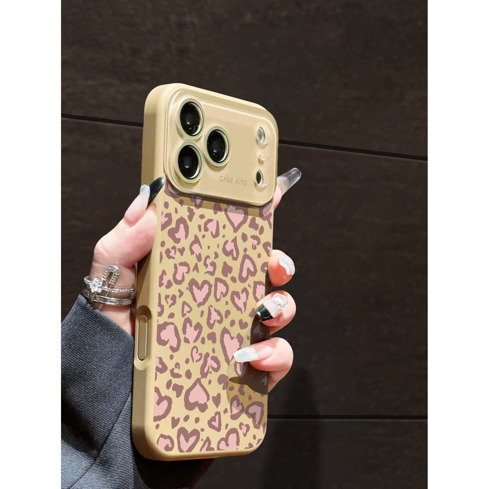 豹纹粉色爱心跨境液态大视窗适用苹果17Promax手机壳iPhone16硅胶