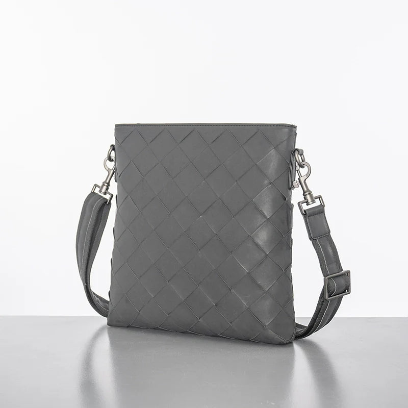 X&BV真皮男包单肩包时尚休闲竖款小背包编织男士包包商务男斜挎包