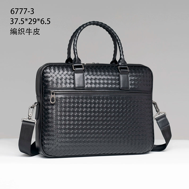 X&BV手提包男商务电脑包大容量编织男包单肩挎包包男士公文包真皮
