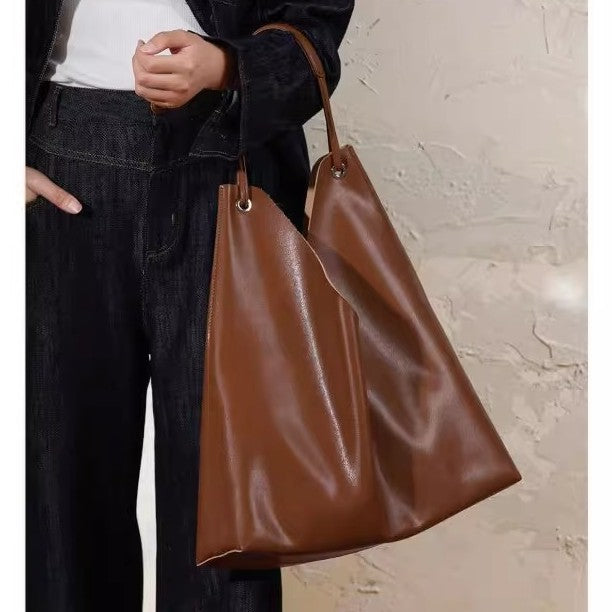 韩版潮慵懒简约头层牛皮大容量腋下包柔软通勤百搭休闲托特包代发