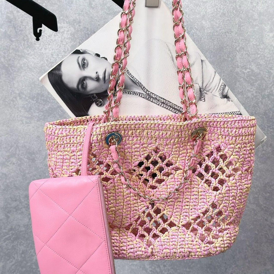 网格拉菲草编织包夏日多巴胺海边沙滩包森系菱格镂空包链条托特包