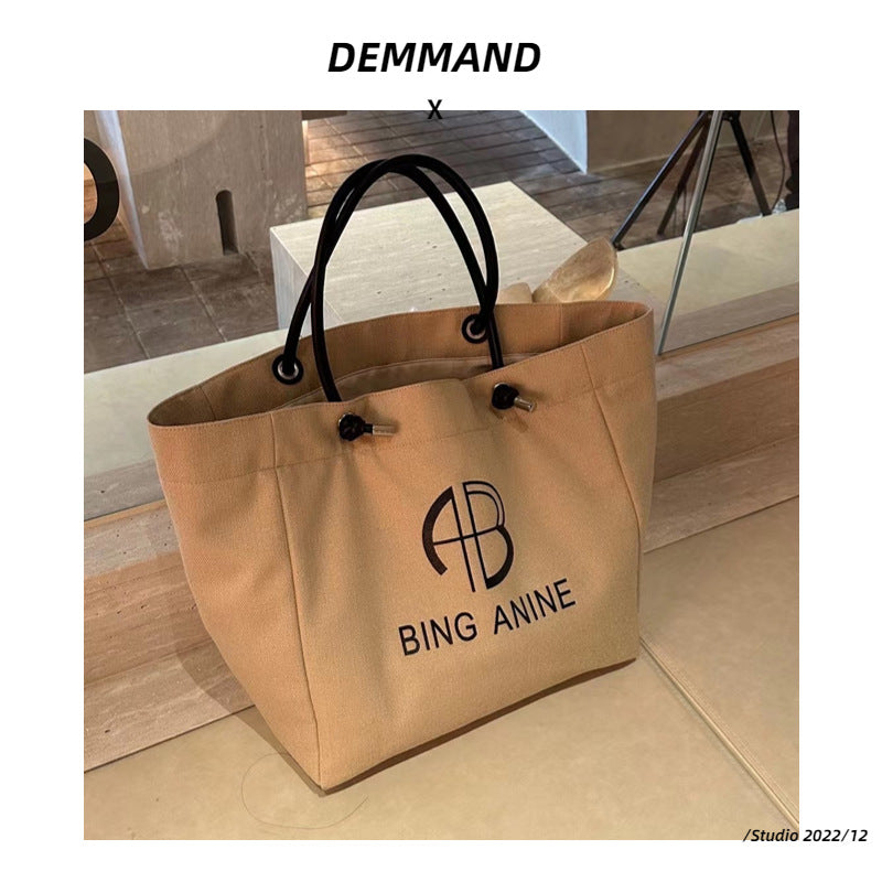 大容量托特包高品质子母印花棉麻帆布真皮手拎袋度假帆布袋文艺包