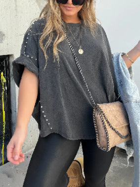2023亚马逊wish独立站跨境爆品女士纯棉纯色铆钉装饰舒适短袖圆领