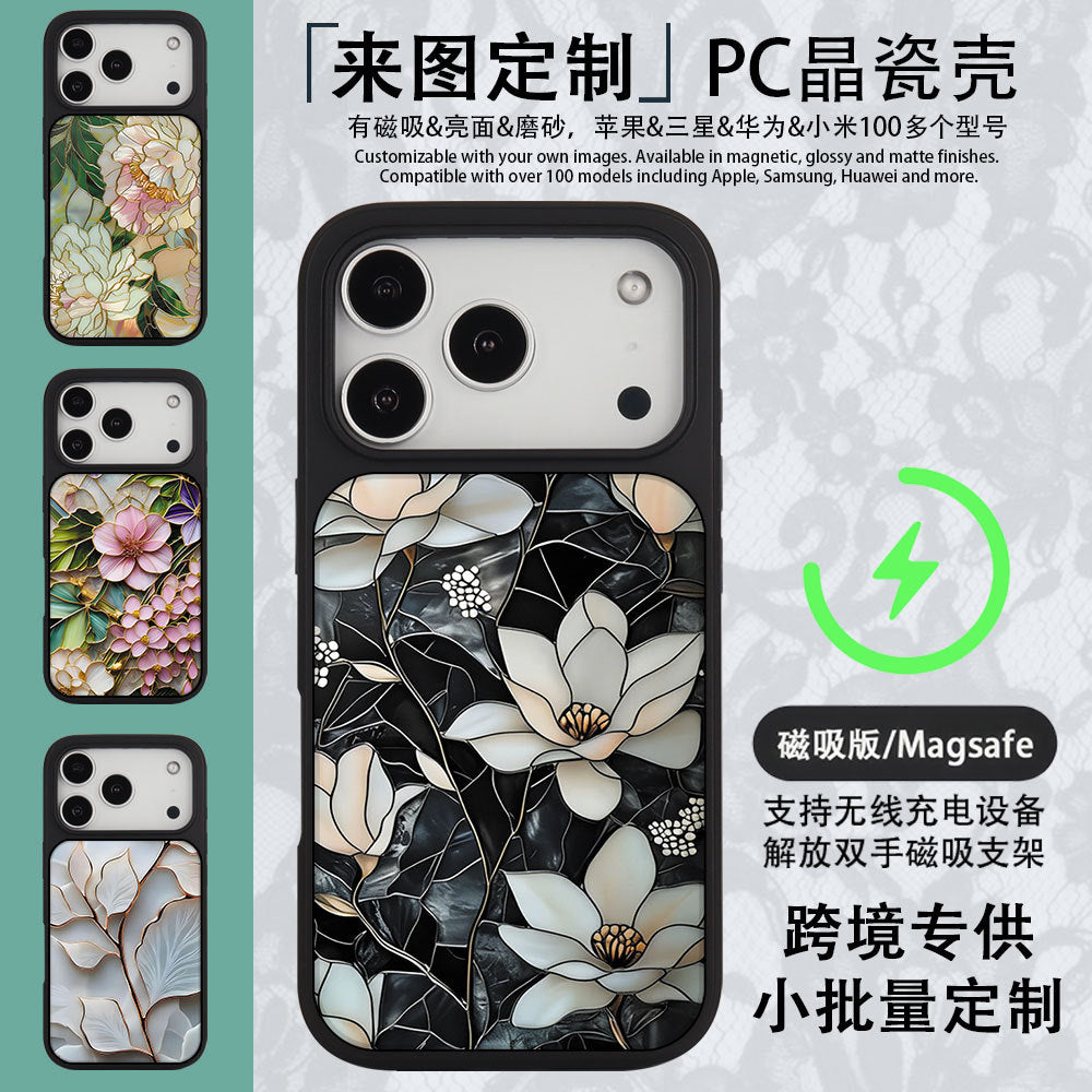 外贸跨境花朵适用苹果16pro晶瓷手机壳iPhone17亚克力PC磨砂防摔