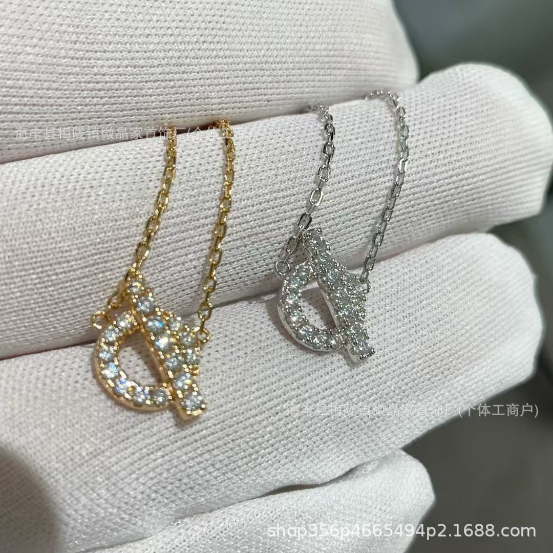 H家猪鼻子Q字流苏项链s925银镀18K满钻爱玛家轻奢小众字母锁骨链