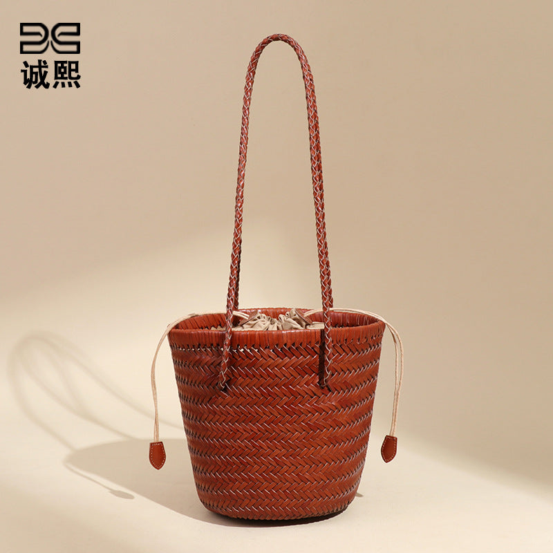 夏季沙滩度假菜篮子真皮编织女包休闲简约手提子母包单肩腋下包包