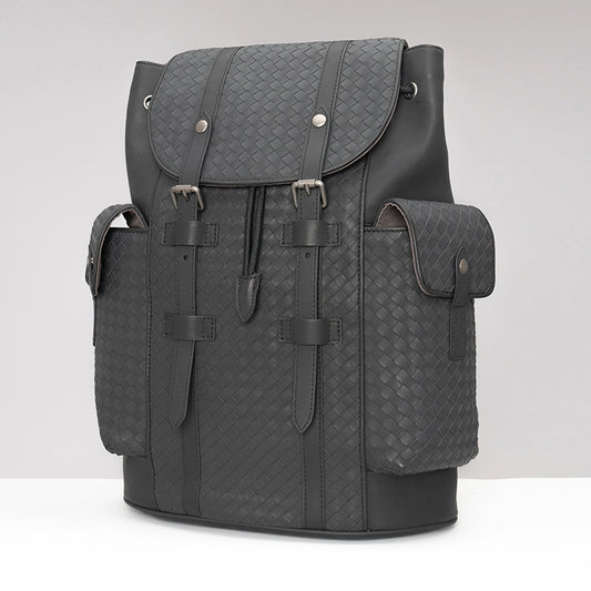 X&BV男士双肩包真皮休闲商务编织旅行包大容量书包电脑包潮男背包