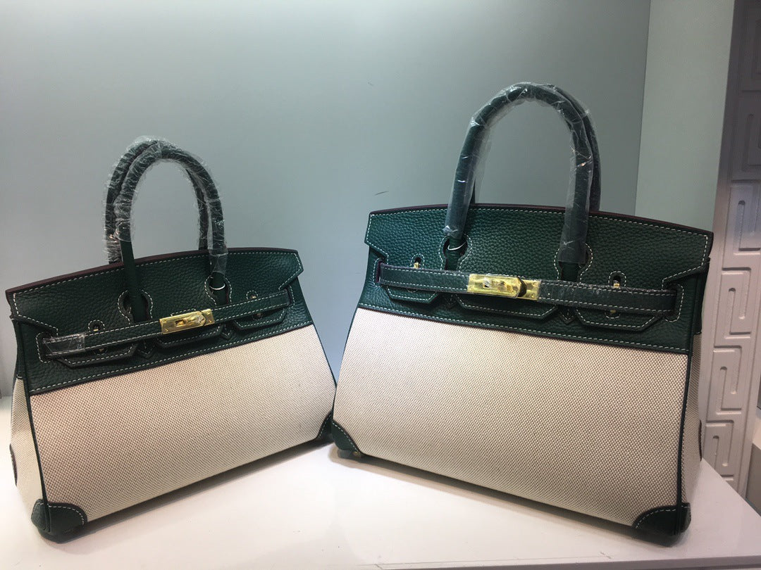 包包女2024新款潮手提包韩版时尚斜跨包女士牛皮配帆布铂金包包