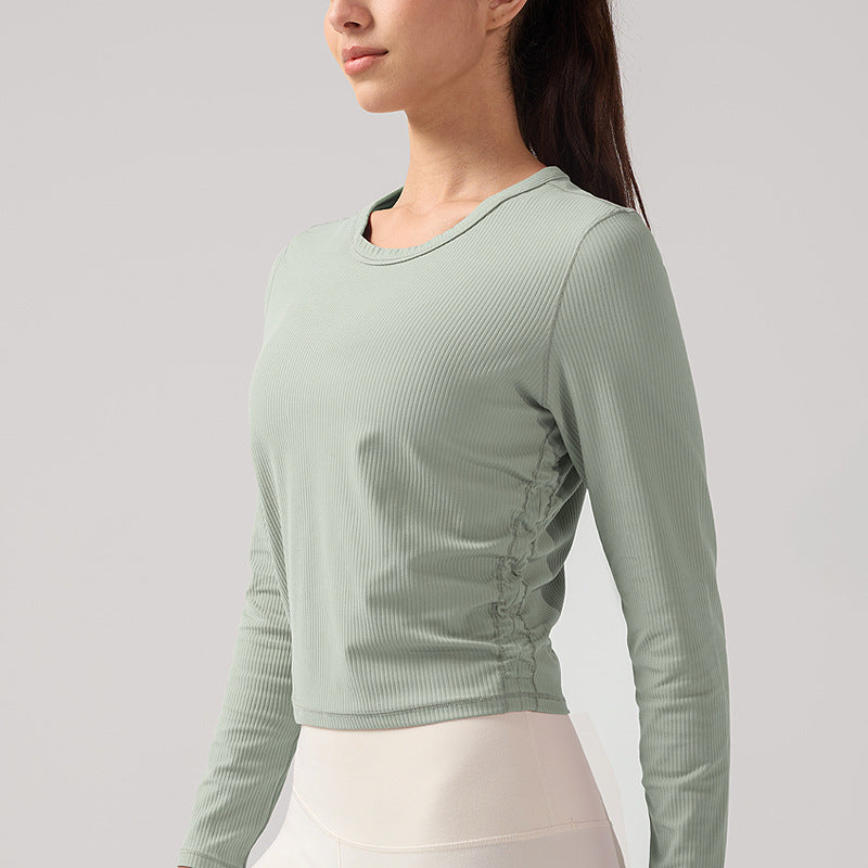 lulu高弹力罗纹长袖瑜伽服女褶皱显瘦健身T恤透气运动衫休闲上衣